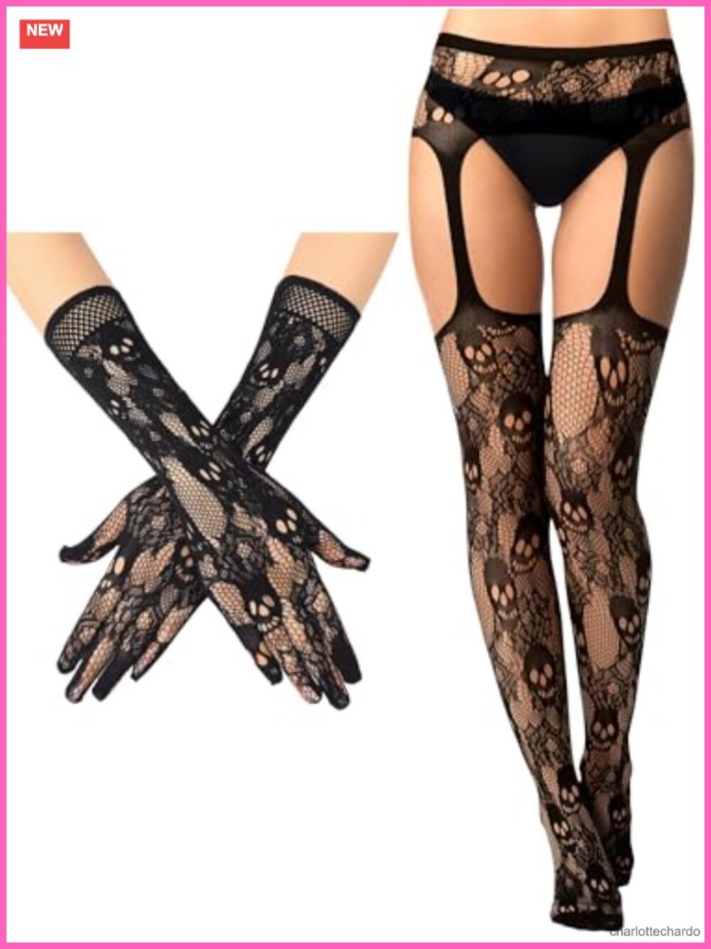 Lace Gloves and Fishnet Stockings Set with Garter Belt